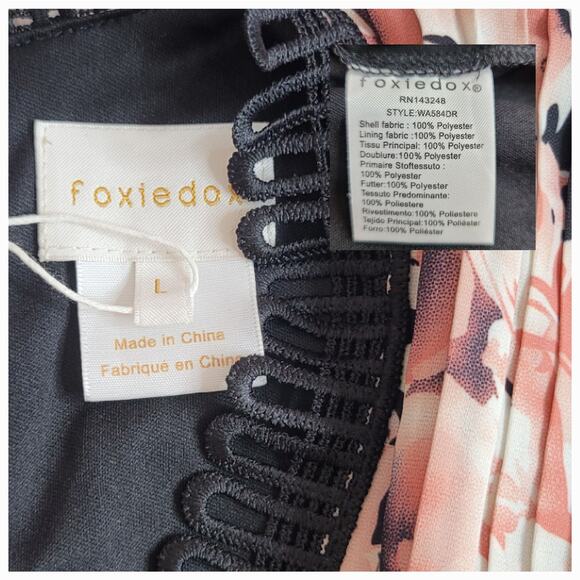 Foxiedox Pleated Floral Lace Trim Mini Dress Pink Black Size L NWT - Picture 7 of 8